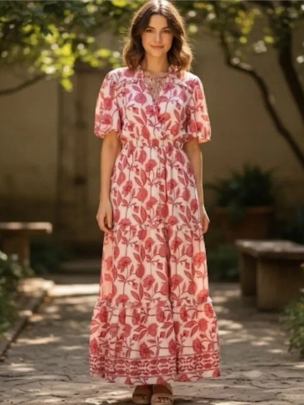 Floral Pink Tiered Maxi Dress - Women's